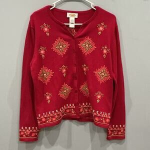 Vintage Talbots Thick Knit Embroidered Cardigan L Pink Spring Floral 90s Fairy